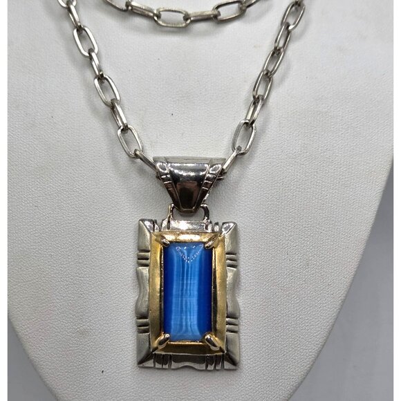 Vintage Silver & Gold-Toned Rectangular Blue Stone Pendant Necklace With Double - Picture 4 of 5
